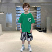 Boys Green Checked Pocket Short Sleeves T-Shirt With Elasticated Shorts Sets Sets Green 5-6 Y