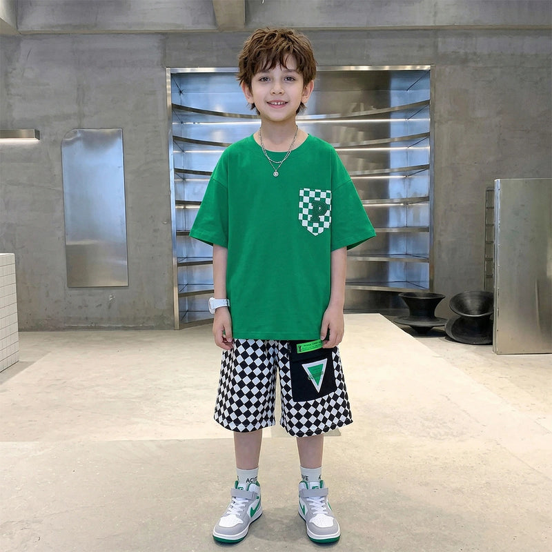 Boys Green Checked Pocket Short Sleeves T-Shirt With Elasticated Shorts Sets Sets Green 5-6 Y