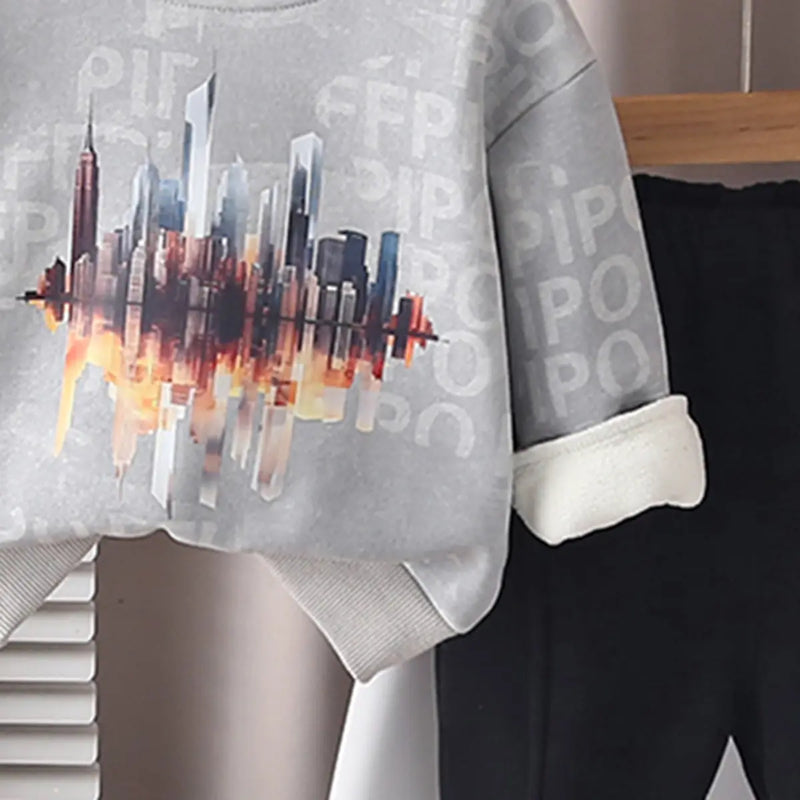 Boys Grey Abstract Printed Sweatshirt With Jogger Sets Sets