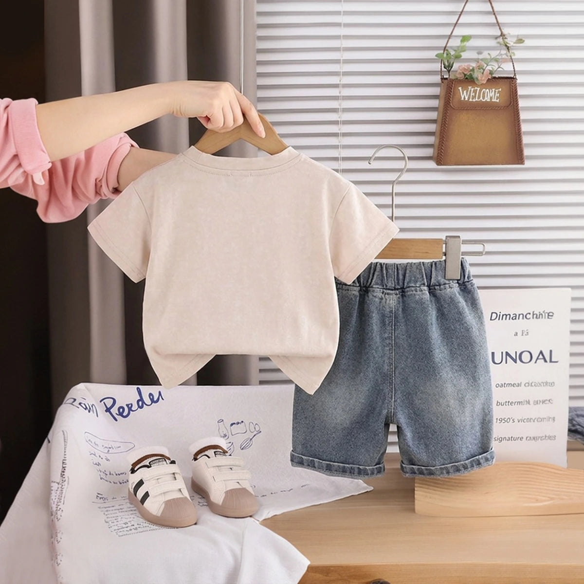 Boys Beige Graphic Printed Short Sleeve T-Shirt With Distressed Denim Shorts Sets 2 pc. Sets