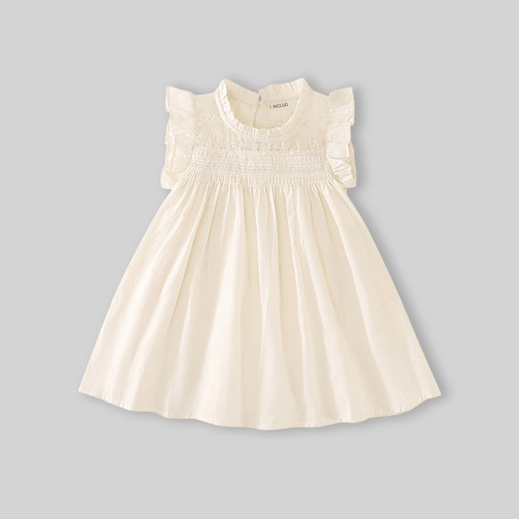 Girls Off-White Embroidered Smocked Sleeveless Fit & Flare Dress Casual Dresses