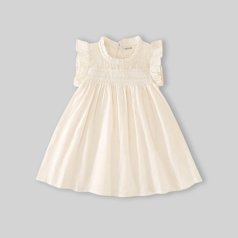 Girls Off-White Embroidered Smocked Sleeveless Fit & Flare Dress Casual Dresses