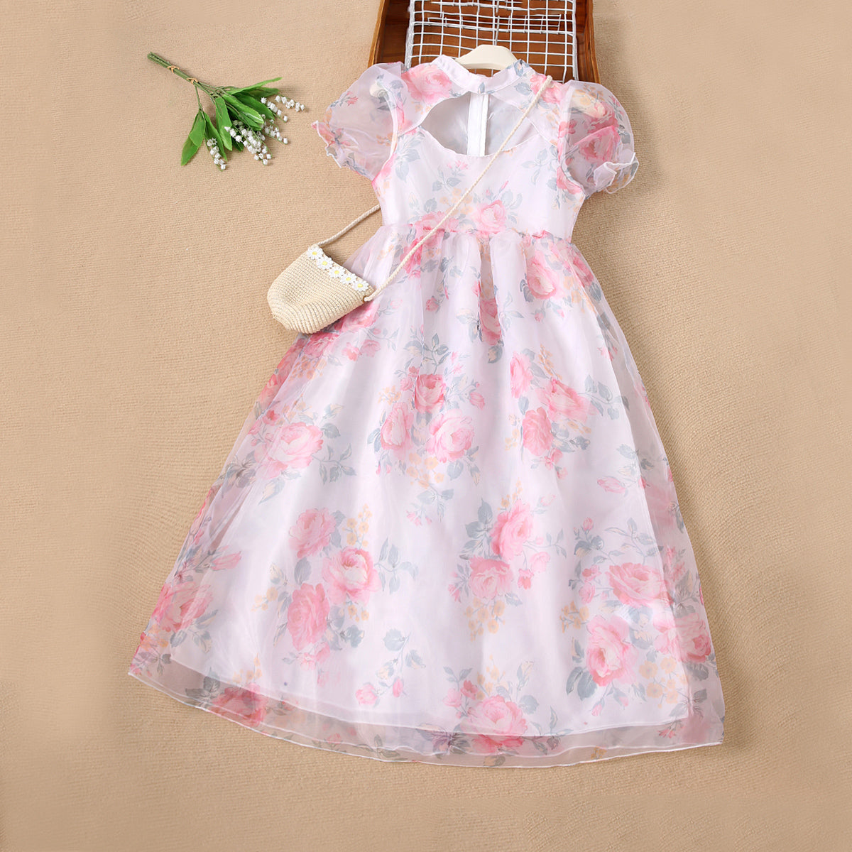 Girls Pink Floral Printed Semi-Casual Dress Casual Dresses