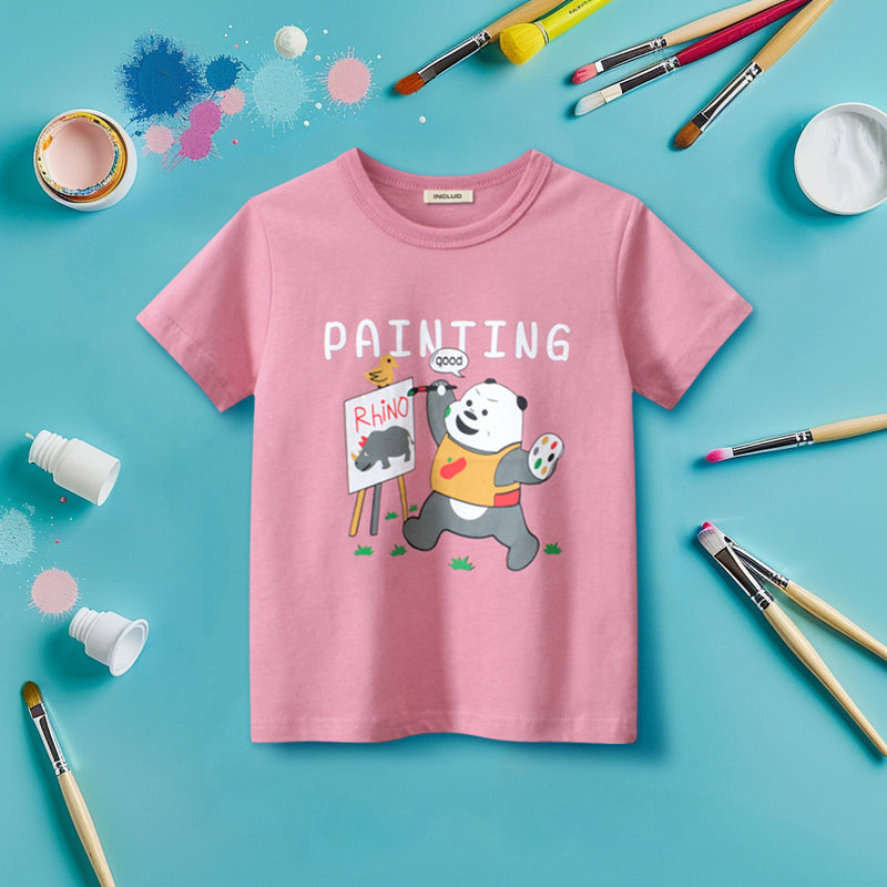 Girls Panda Print Short Sleeves T-shirt Tshirts Pink 1-2 Y 