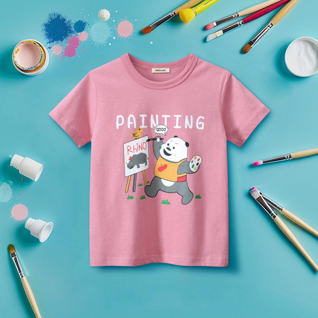 Girls Panda Print Short Sleeves T-shirt