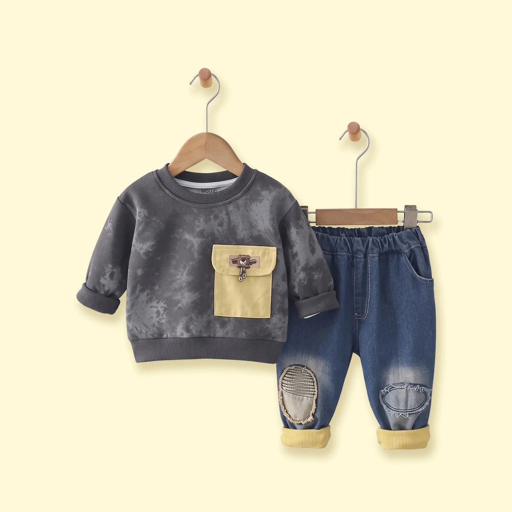 Boys Dark Grey Abstract Printed Sweatshirt & Denim Pants Sets Sets Dark Grey 1-2 Y