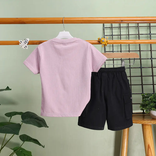 Boys Lilac Typography Printed T-Shirt With Cargo Shorts Sets Sets