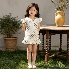 Girls Off White Short Sleeve Polka Dot Print Top With Skirt Sets 2 pc. Sets
