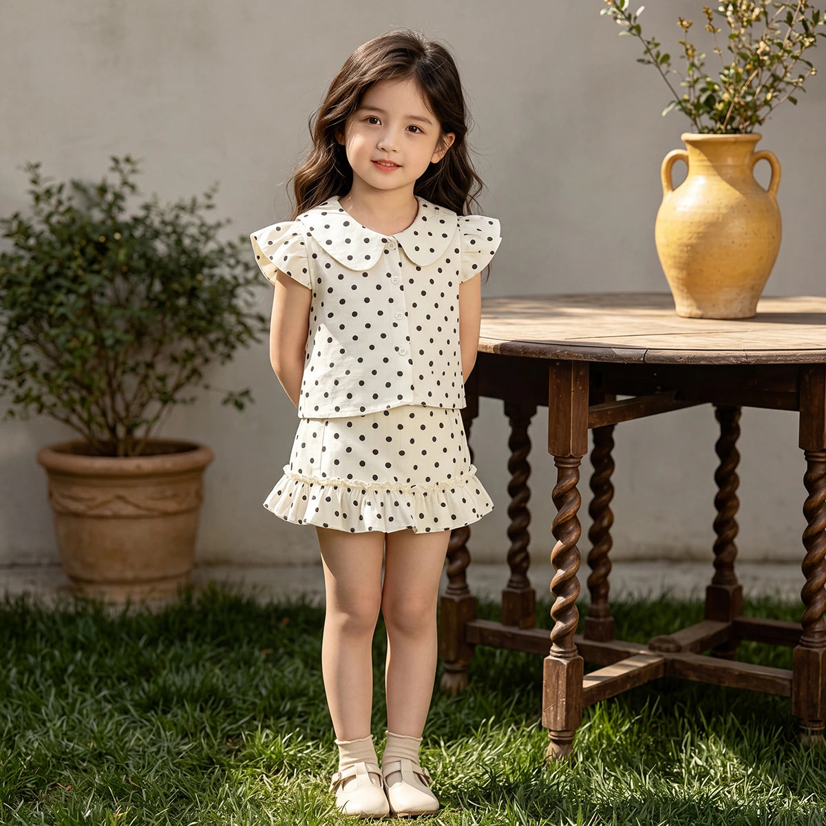 Girls Off White Short Sleeve Polka Dot Print Top With Skirt Sets 2 pc. Sets