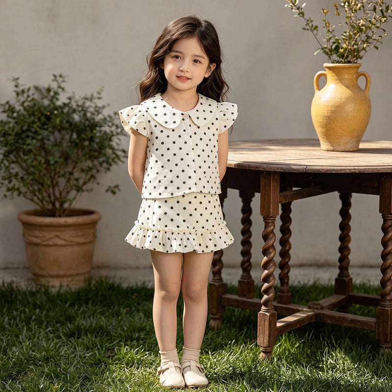 Girls Off White Short Sleeve Polka Dot Print Top With Skirt Sets 2 pc. Sets
