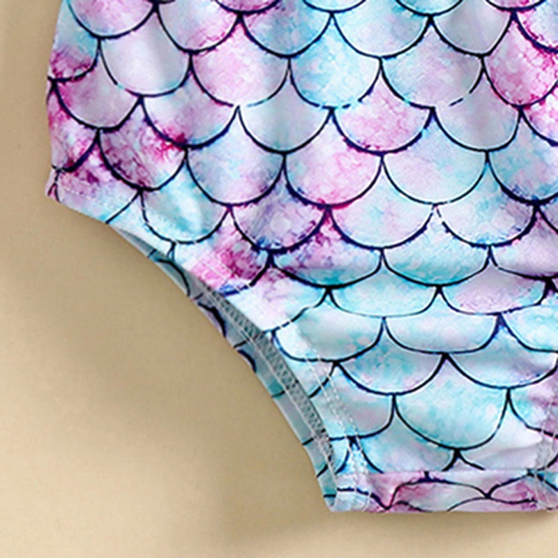 Girls Mint Blue Halter Top With Mermaid Print Briefs & Headband Swimwear Sets Sets