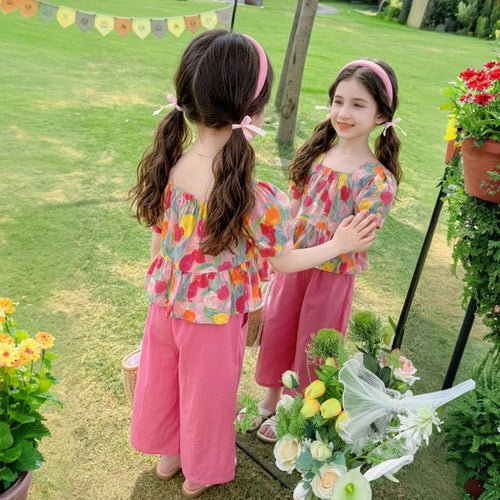 Girls Pink Floral Peplum Top With Crop Pants Sets Sets