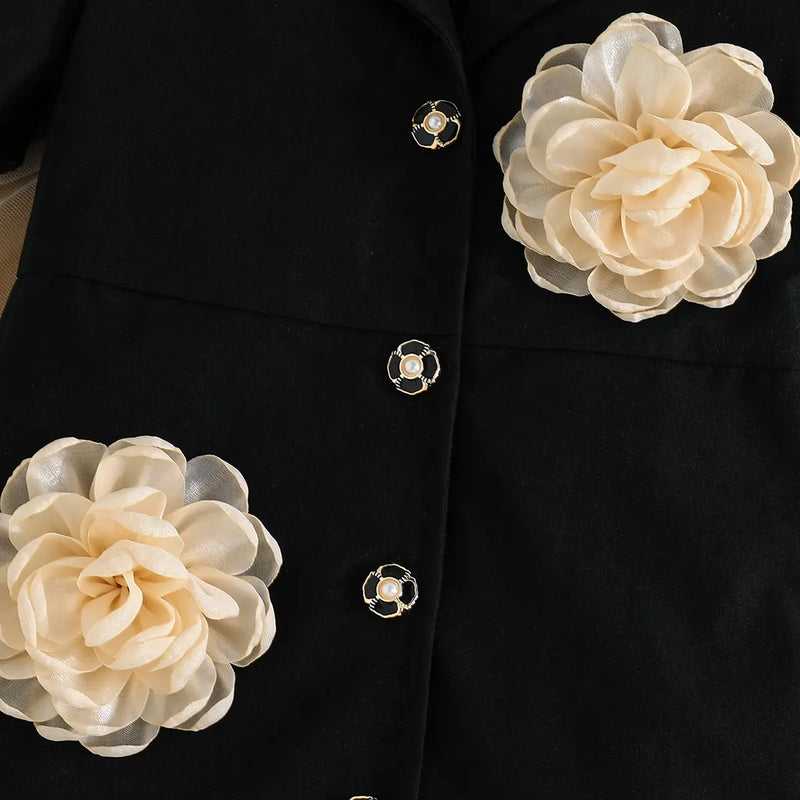 Girls Black Floral Applique Blazer Dress Casual Dresses