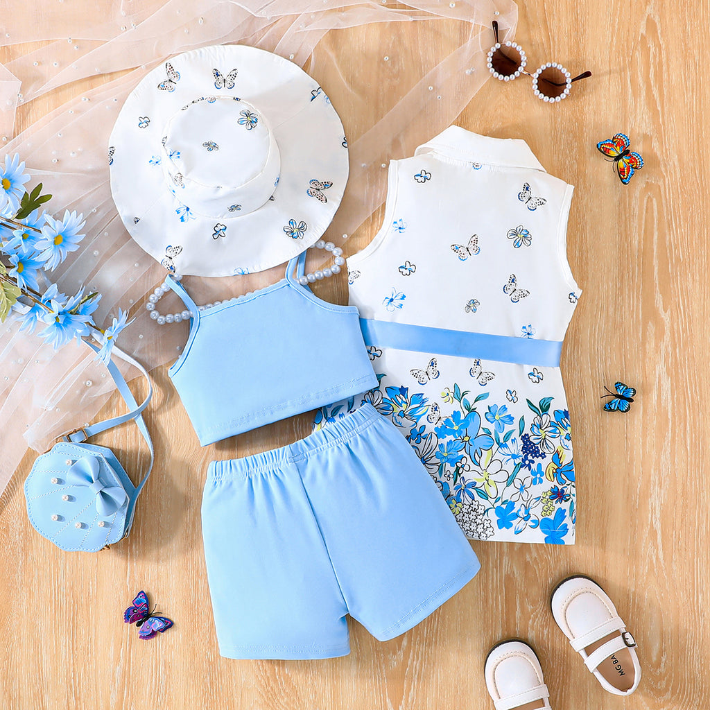 Girls Sky Blue Butterfly Printed Waistcoat Top & Hat With Crop Top & Shorts Summer Set Sets