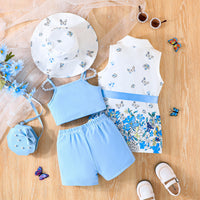 Girls Sky Blue Butterfly Printed Waistcoat Top & Hat With Crop Top & Shorts Summer Set Sets