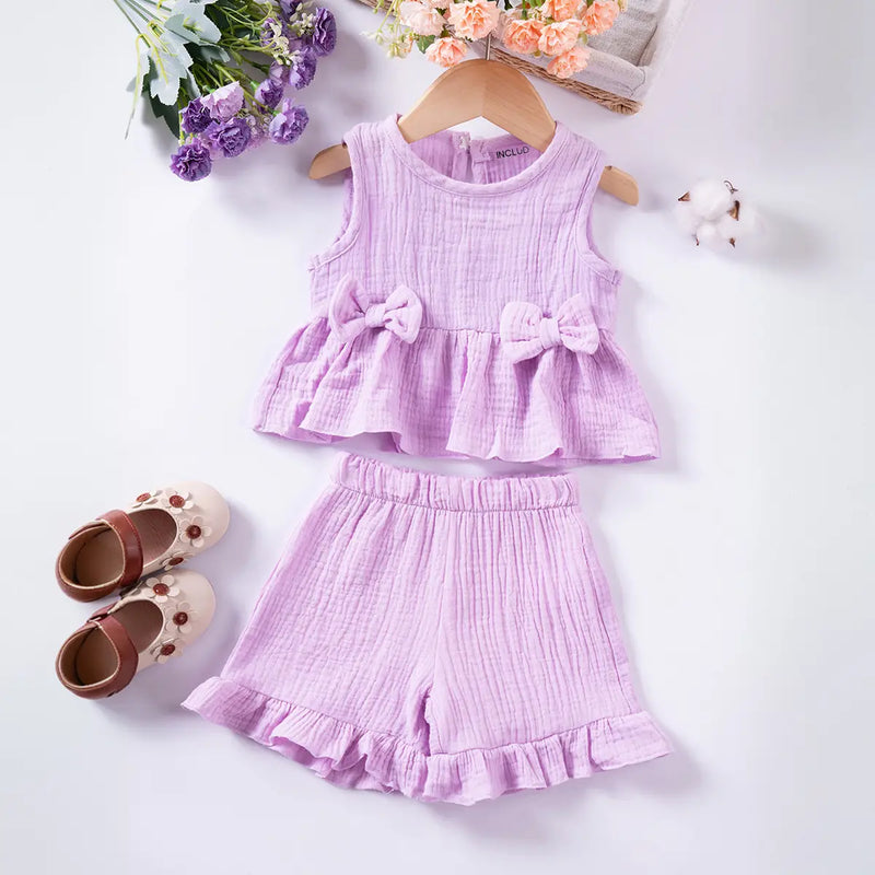 Girls Purple Textured Bow Applique Peplum Top With Shorts Co-ord Sets Sets Purple 1-2 Y