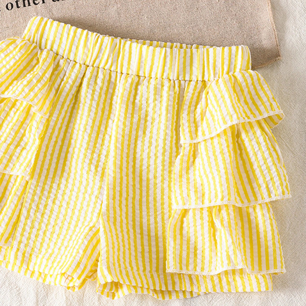 Girls White Bow Applique Flutter Sleeve Top With Stripes Shorts Sets 2 pc. Sets