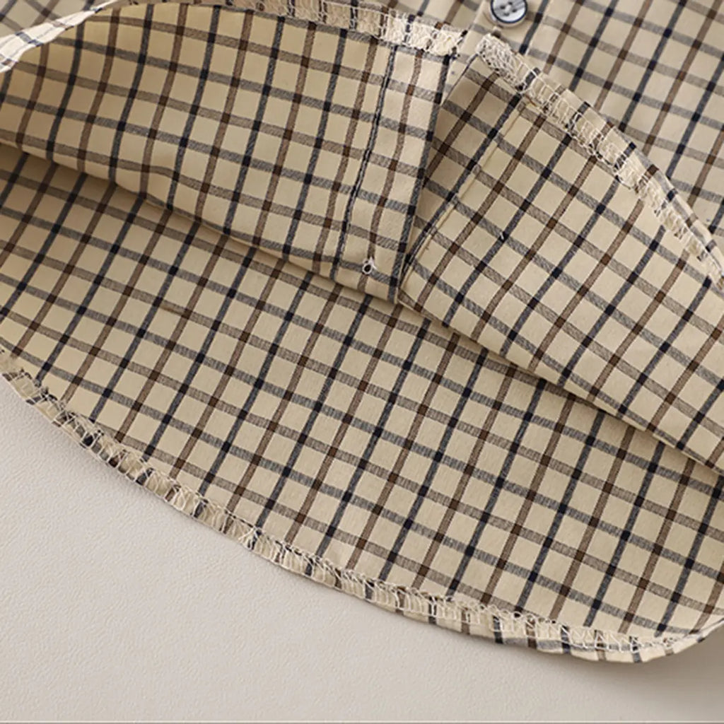 Boys Khaki Checked Button-Down Shirt With Shorts Sets Sets