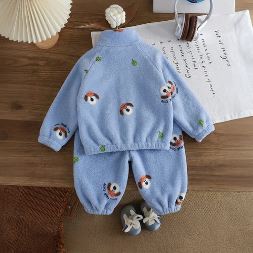 Boys Blue Fleece Puppy Cartoon Printed Zip-up Jacket With Jogger Co-ord Sets Sets