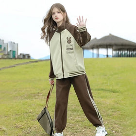Girls Brown Bunny Face Printed Zipper Jacket With Jogger Set Sets
