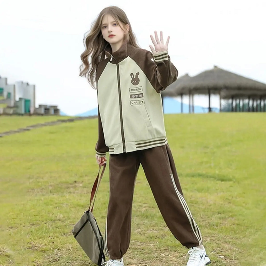 Girls Brown Bunny Face Printed Zipper Jacket With Jogger Set Sets