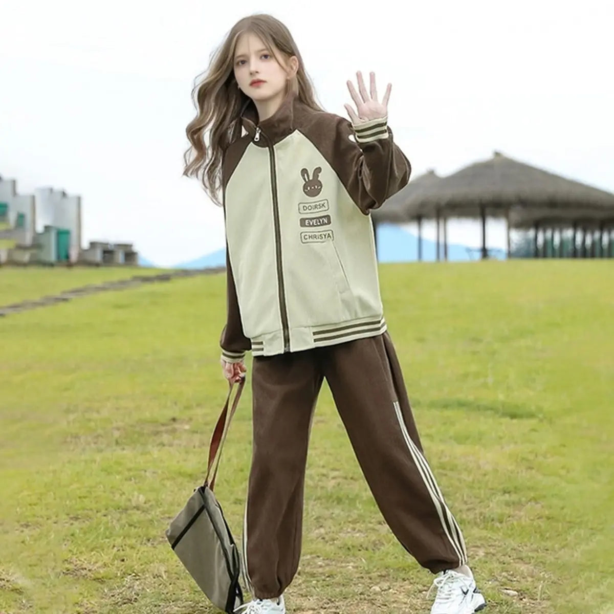 Girls Brown Bunny Face Printed Zipper Jacket With Jogger Set Sets
