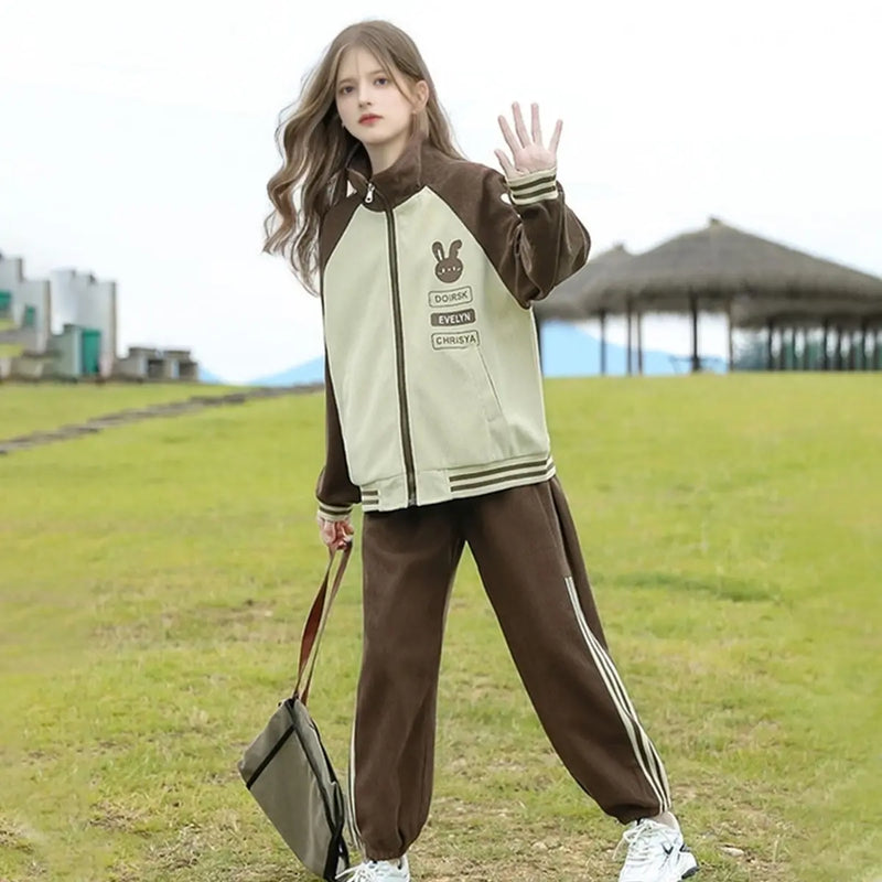 Girls Brown Bunny Face Printed Zipper Jacket With Jogger Set Sets