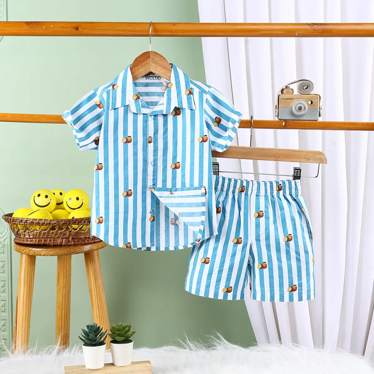 Boys Turquoise Striped Short Sleeves Shirt With Elasticated Shorts Sets Sets Turquoise 6-9 M