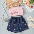 Girls Pink Ribbed Bow Top With Embroidered Denim Shorts Sets 2 pc. Sets Light Pink 3-4 Y