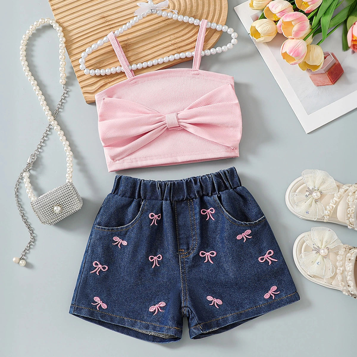 Girls Pink Ribbed Bow Top With Embroidered Denim Shorts Sets 2 pc. Sets Light Pink 3-4 Y