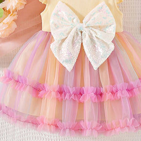 Girls Yellow Bow Applique Flutter Sleeve Fit & Flare Dress Casual Dresses