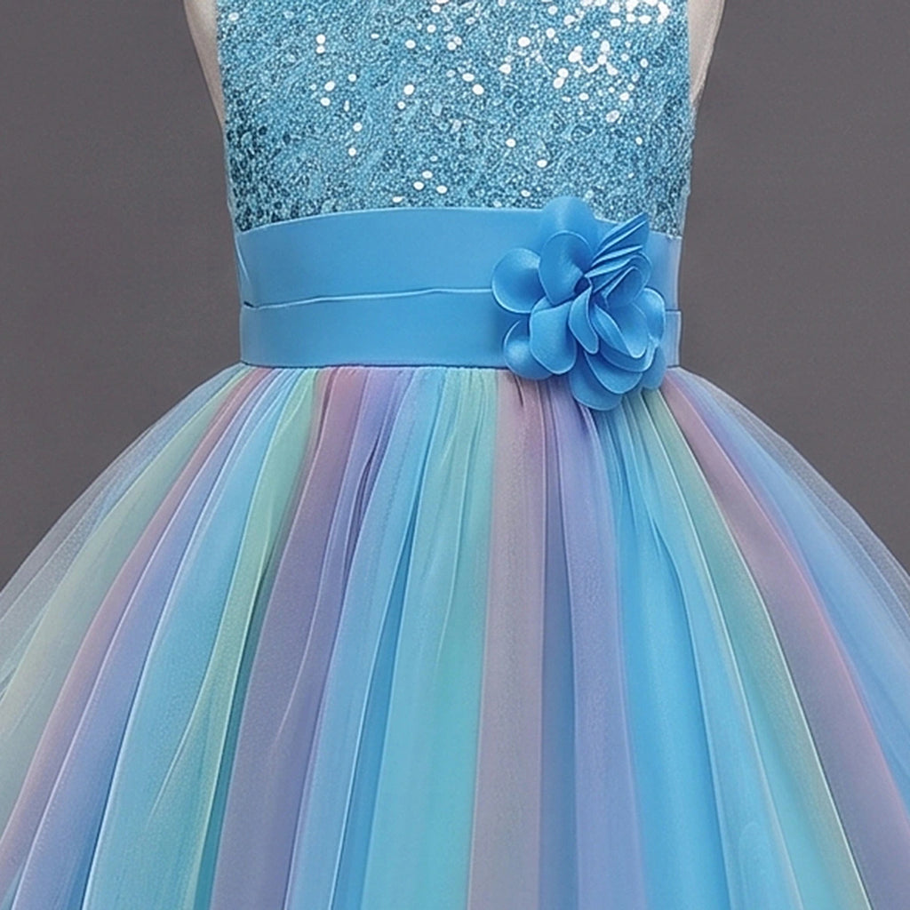 Girls Blue Sequin Embellished Fit & Flare Party Wear Dress With Flower Applique Party Dresses