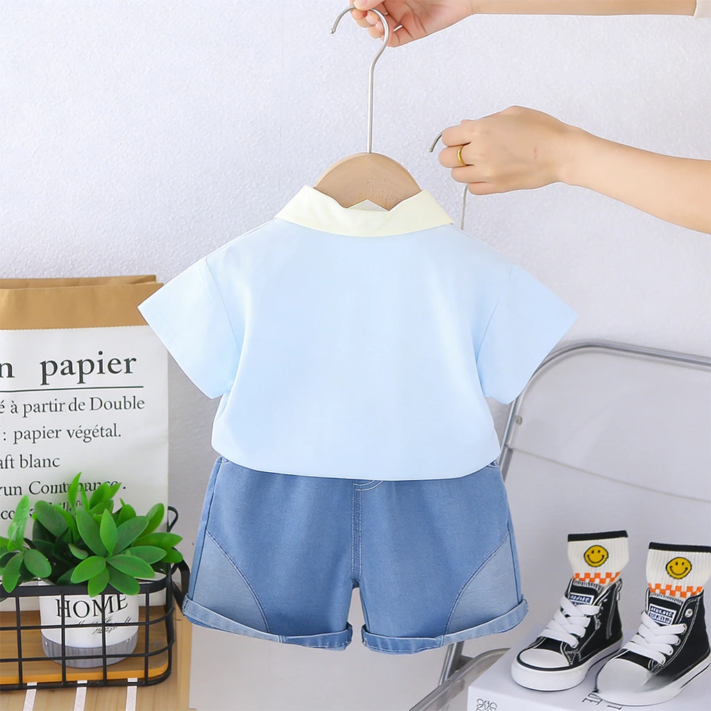 Boys Sky Blue Bear Printed Polo T-Shirt With Denim Shorts Set Sets