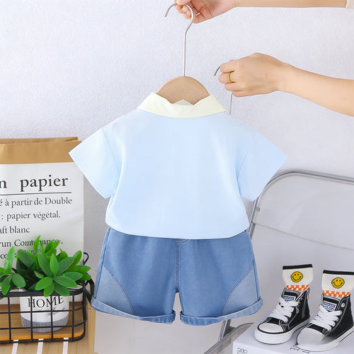 Boys Sky Blue Bear Printed Polo T-Shirt With Denim Shorts Set Sets