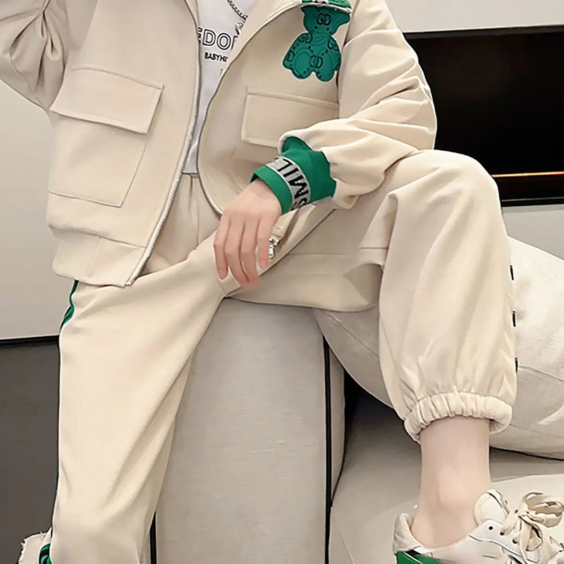Girls Beige Bear Embroidered Zipper Jacket With Jogger Co-ord Sets Sets