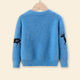 Boys Light Blue Sweater With Self-Design Reindeer Patterns Sweaters & Cardigans