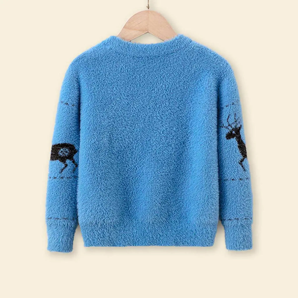 Boys Light Blue Sweater With Self-Design Reindeer Patterns Sweaters & Cardigans