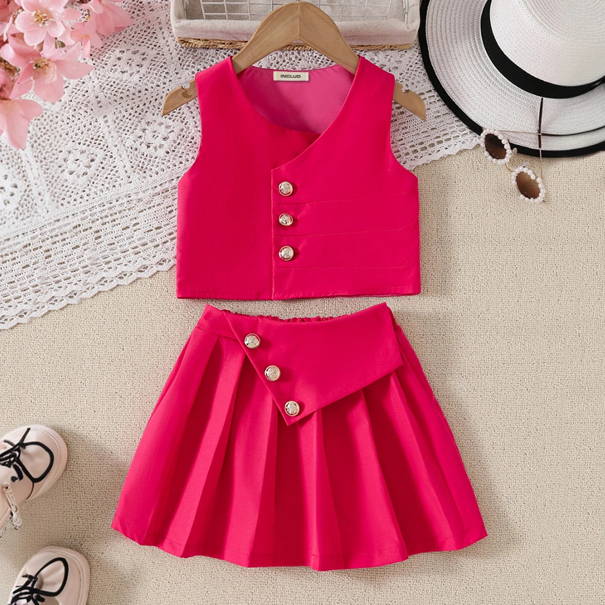 Girls Fuchsia Sleeveless Crop Top With Pleated Skirts Co-ord Sets Sets Fuchsia 3-4 Y