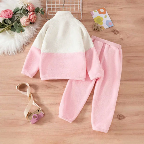 Girls Pink Bear Face Embroidered Hooded Zipper Jacket With Pants Sets 2 pc. Sets