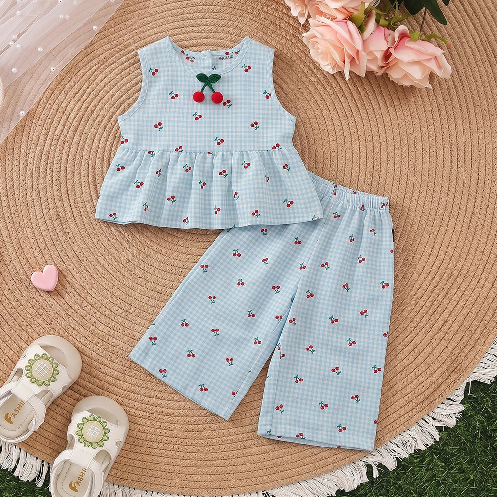 Girls Blue Sleeveless Cherry Print Peplum Top With Pants Sets 2 pc. Sets Blue 1-2 Y