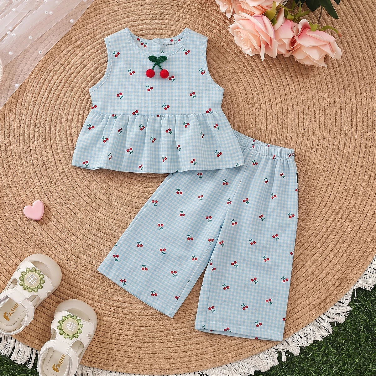Girls Blue Sleeveless Cherry Print Peplum Top With Pants Sets 2 pc. Sets Blue 1-2 Y