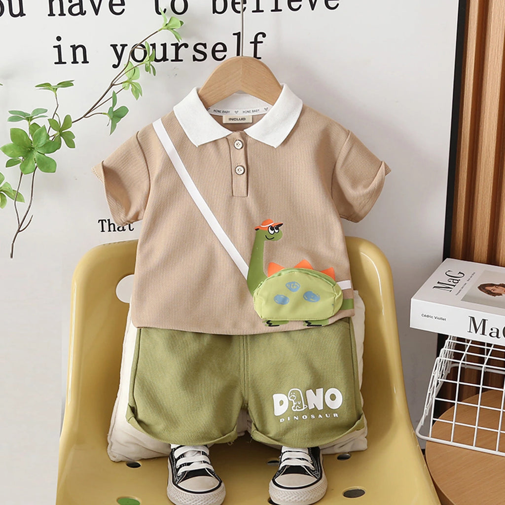 Boys Brown Dinosaur Applique Polo T-Shirt With Shorts Set Sets Brown 1-2 Y