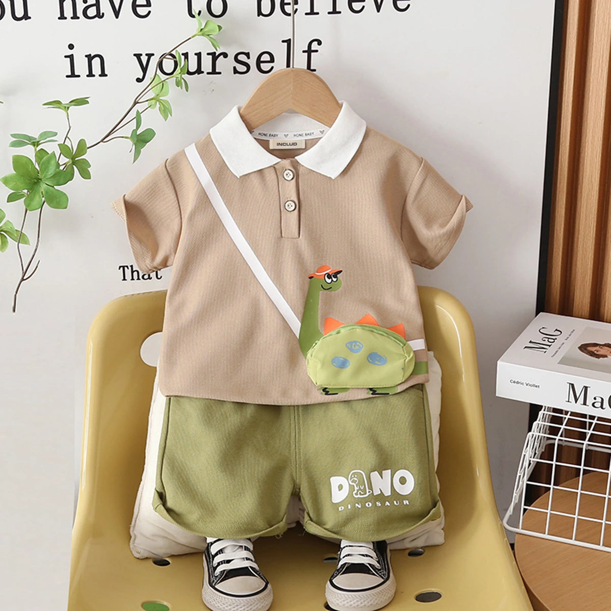 Boys Brown Dinosaur Applique Polo T-Shirt With Shorts Set Sets Brown 1-2 Y