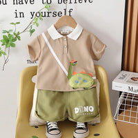 Boys Brown Dinosaur Applique Polo T-Shirt With Shorts Set Sets Brown 1-2 Y