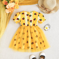 Girls Yellow Strawberry Printed Puff Sleeves Dress Casual Dresses
