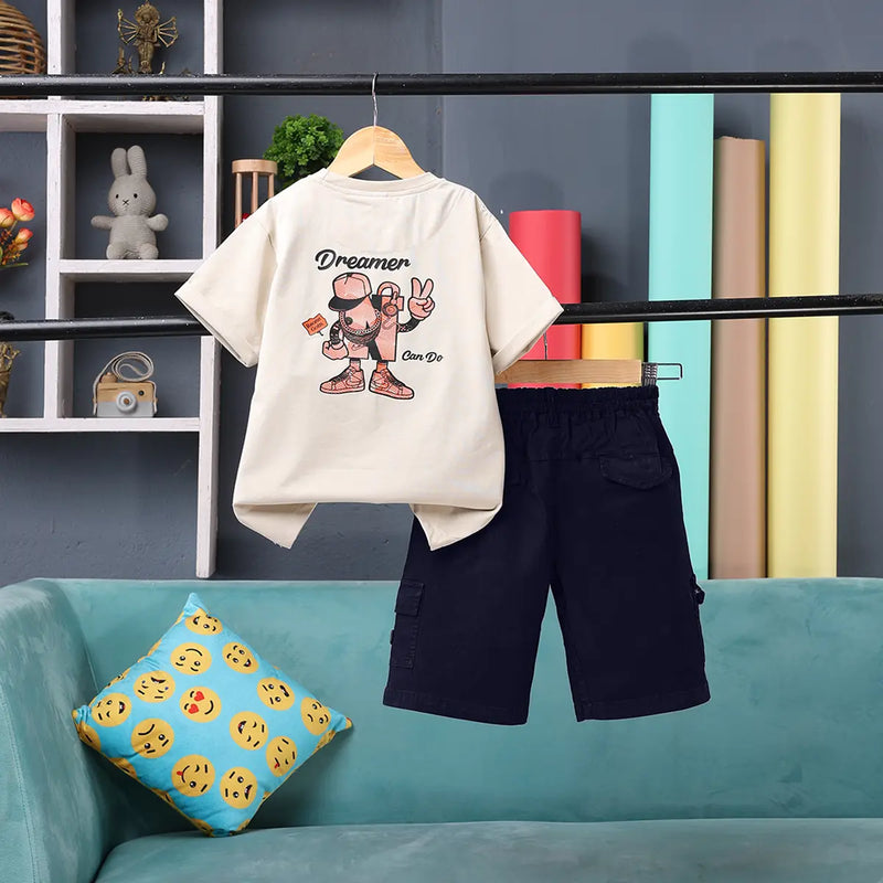 Boys Beige Graphic Short Sleeve T-Shirt With Elasticated Cargo Shorts Sets Sets