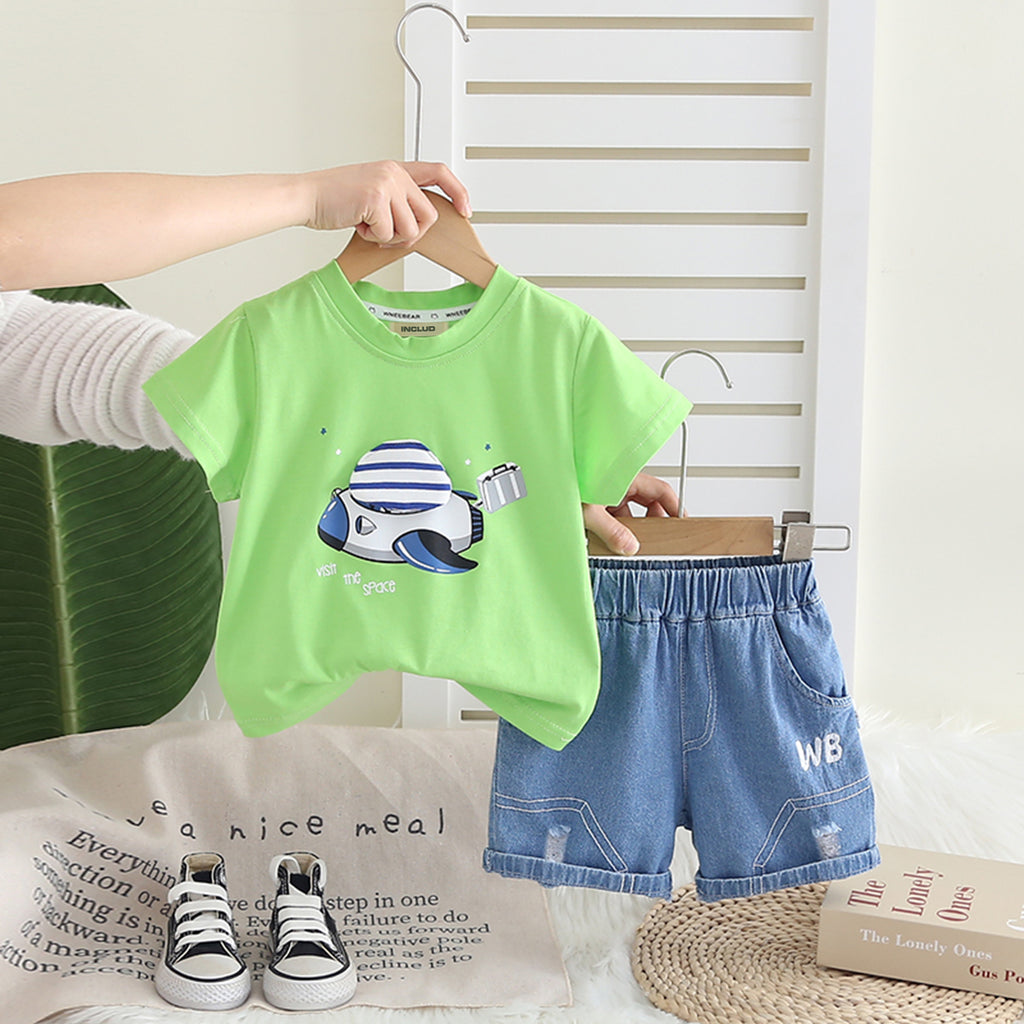 Boys Green Graphic Printed Short Sleeves T-Shirt With Denim Shorts Set 2 pc. Sets Green 1-2 Y