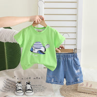 Boys Green Graphic Printed Short Sleeves T-Shirt With Denim Shorts Set 2 pc. Sets Green 1-2 Y