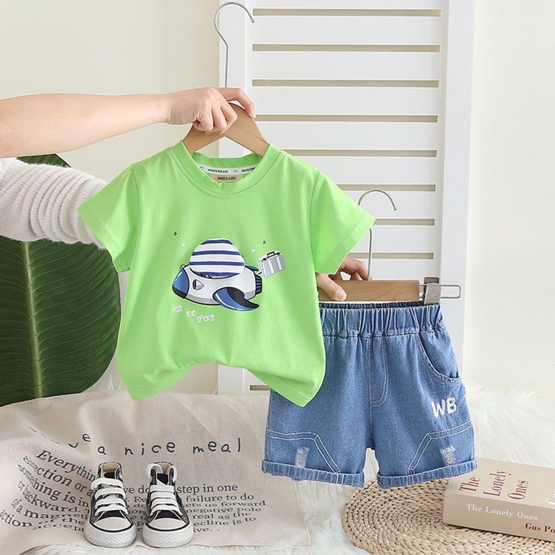 Boys Green Graphic Printed Short Sleeves T-Shirt With Denim Shorts Set 2 pc. Sets Green 1-2 Y
