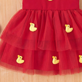 Girls Red Duck Applique Sleeveless Layered Dress Casual Dresses